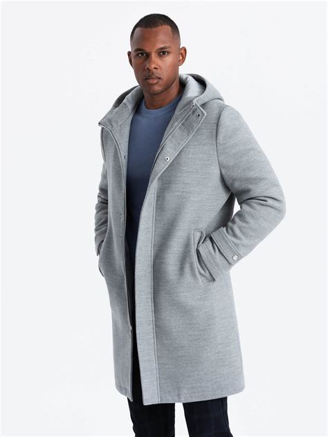 Monochrome long men's hooded coat - grey melange V1 OM-COWC-22FW-005 ...