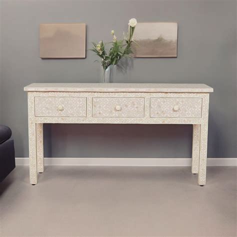 Joy Blush Pink Bone Inlay Geometric 3 Drawer Console – Luxury Handicrafts