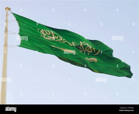 The national flag of Saudi Arabia kingdom, a green background with Arabic inscription and a ...