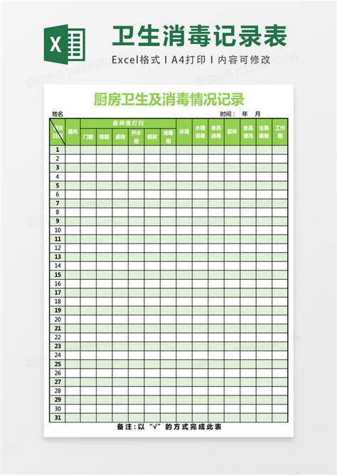 茶水间卫生间清洁检查记录表Excel模板_千库网(excelID：154112)