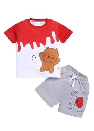 Buy LITTLE NINJA Cotton Half Sleeves Teddy Bear Printed Tee & Shorts ...