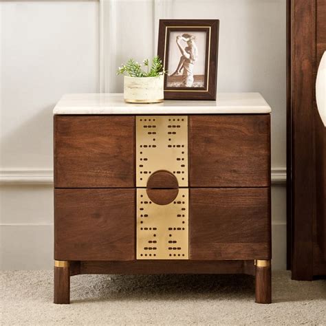 Buy Nuqta Italian Marble Top Bedside Table with Drawers - Walnut from ...