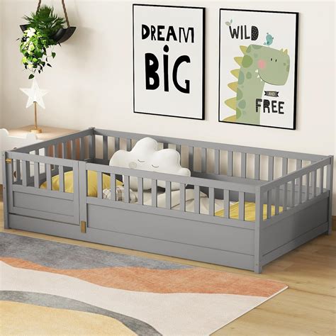 Amazon.com: Montessori Twin Bed with High Fence and Door - Wooden, Gray ...