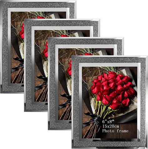 PETAFLOP 8x6 Photo Frame Set of 4, Silver Sparkle Glass Picture Frames ...