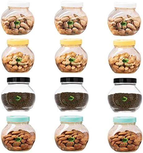 SAND DUNE Set of 12, 200 ml Each Storage Glass Jar Assorted Plastic Cap ...