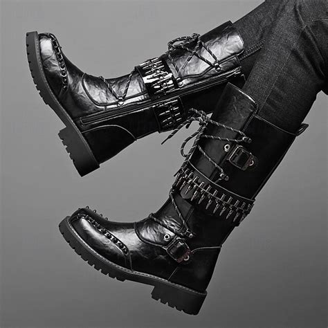 Men's Punk Gothic Combat Boots – Black Lace-Up Mid-Calf Boots with ...