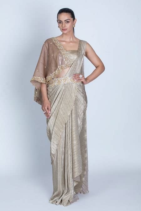 Buy Gold Shimmer Pleated Hand Embroidered Sequin One Pre-draped Saree ...