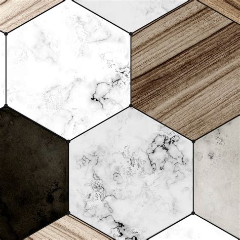 Wood and ceramic hexagonal tiles - Self adhesive vinyl for floor decor