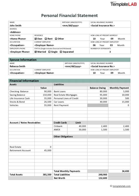 Image result for Personal Financial Statement Format