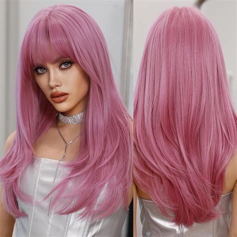 Amazon.com : PARK YUN Long Straight Pink Wig with Bangs for Women 26 ...