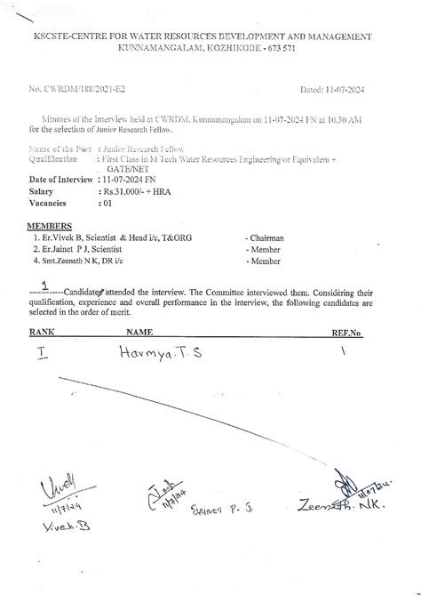 Ranklist for the interview held at CWRDM Kunnamangalam on 11.7.2024 for ...