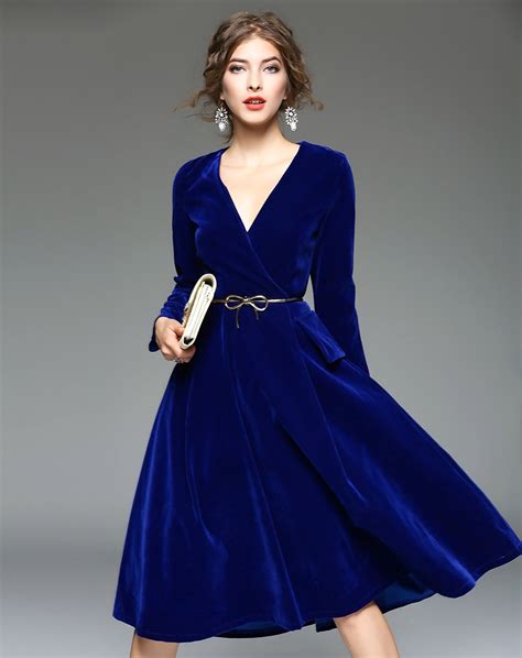 Shop Blue V Neck Velvet Elegant Swing Midi Dress. VIPme.com offers ...