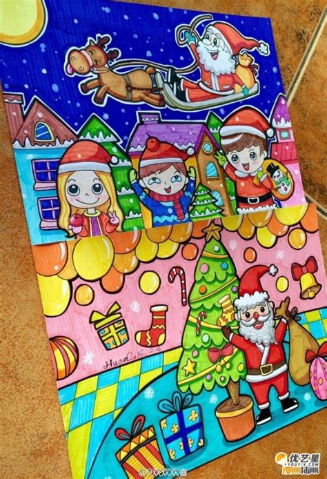 圣诞节主题儿童画作品 圣诞老人,小雪人麋鹿和小朋友开心过圣诞的儿童画图片素材[ 图片/7P ] - 才艺君