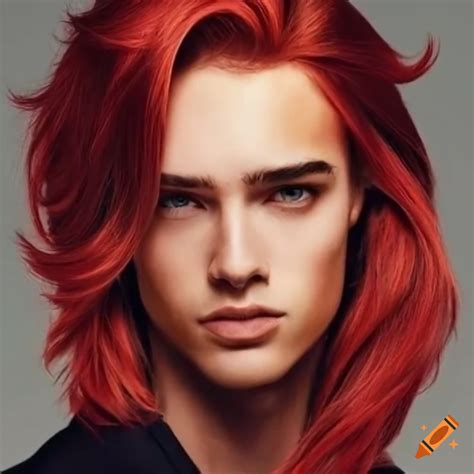 Attractive man with dark red medium length hair on Craiyon