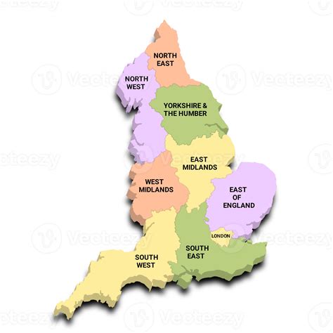 map of England with region. England with borders of the stats and different colour.. Britain ...