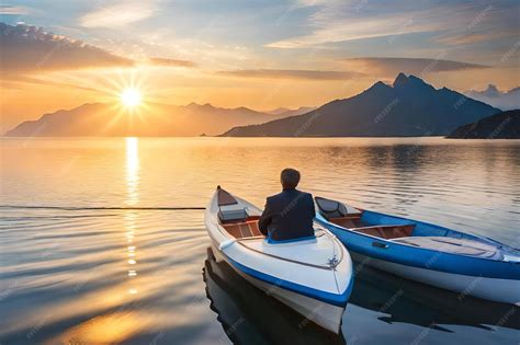 Premium Photo | A man in a boat on a lake at sunset