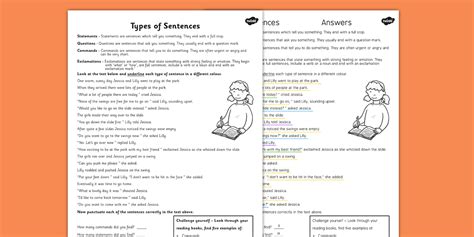 Lower Ability Types of Sentences Differentiated Activity Worksheet