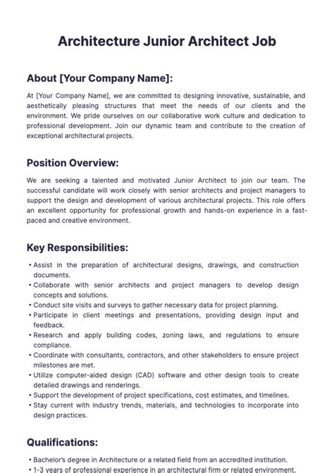 Free Architecture Junior Architect Job Description Template to Edit Online