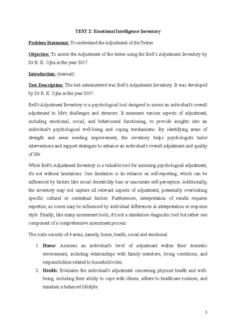 Bell's Adjustment inventory - TEST 2: Emotional Intelligence Inventory ...