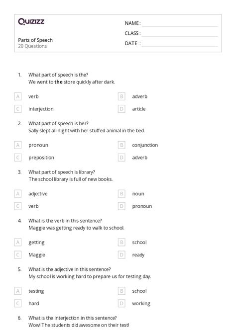 50+ Parts of Speech worksheets for 5th Class on Quizizz | Free & Printable