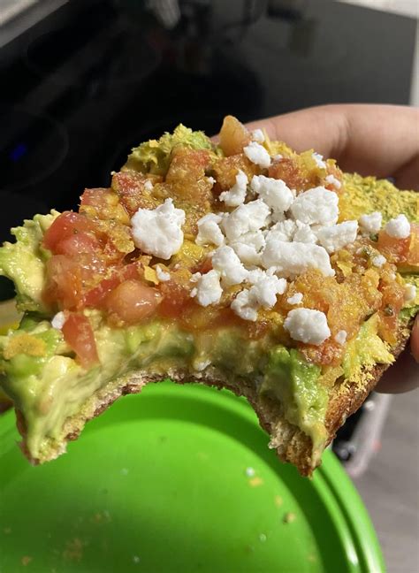 Dave’s white bread, Trader Joe’s bruschetta, nutritional yeast, and ...