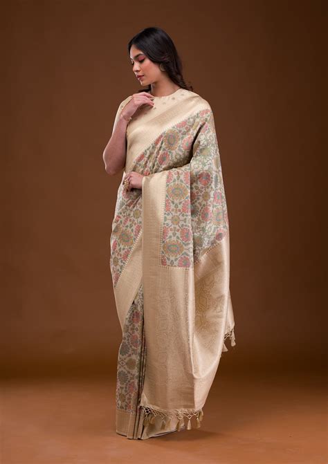 Buy Cream Zariwork Banarasi Silk Saree - Koskii