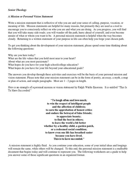 Image result for Personal Vision and Values Statement Examples