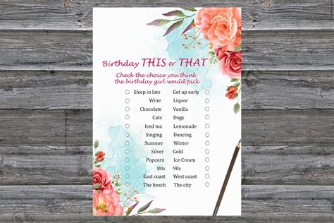 Roses birthday this or that game adult birthday party game fun games ...