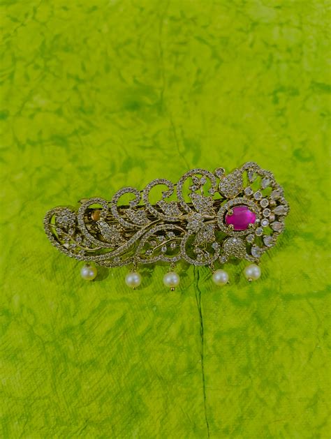 1 Gram Gold Plated Ruby CZ Studded Pearls Hair Clip | Total Treasures