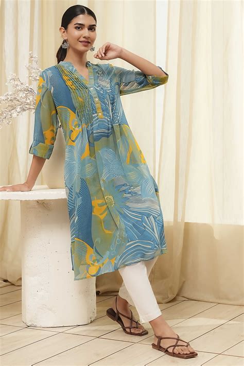 Buy Blue Printed Pleated A-Line Kurta Online at Biba India