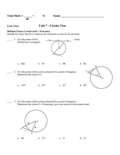 Circle Geometry Practice Test - O Q P 41° x° Total Mark ...