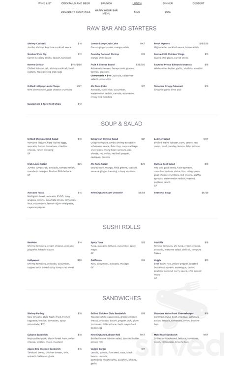 Shooters Waterfront menu in Fort Lauderdale, Florida, USA