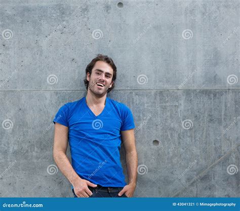 Cool Guy in Blue Shirt Laughing Outside Stock Image - Image of cool ...