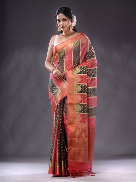 Fuchsia And Black Organza Handwoven Saree With Zari Woven Designs And ...