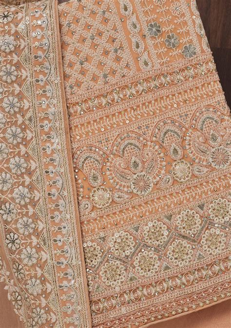 Buy Peach Threadwork Georgette Unstitched Salwar Suit - Koskii