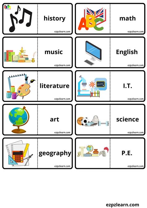 School Subjects Vocabulary Dominoes Matching Game for Kids and English ...