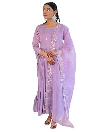 Buy Naixa Women's Levender BSY Viscose Embroidered Flared Kurta with ...