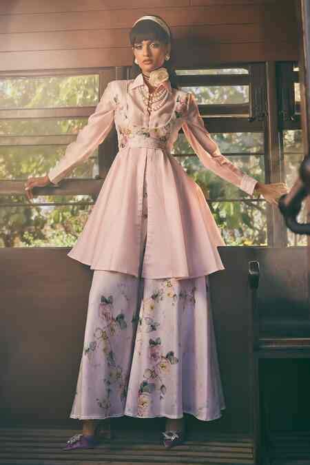 Buy Pink Chanderi, Cotton Lace Round Neck, Floral Print Waistcoat And ...