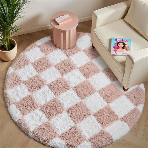Amazon.com: PureCozy Checkered Rug 4x4 for Living Room, Pink and White Modern Shag Rug Super ...