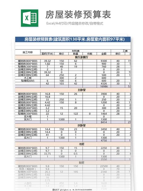 房屋装修预算表excel模板图片_财务报表_EXCEL模板-图行天下素材网