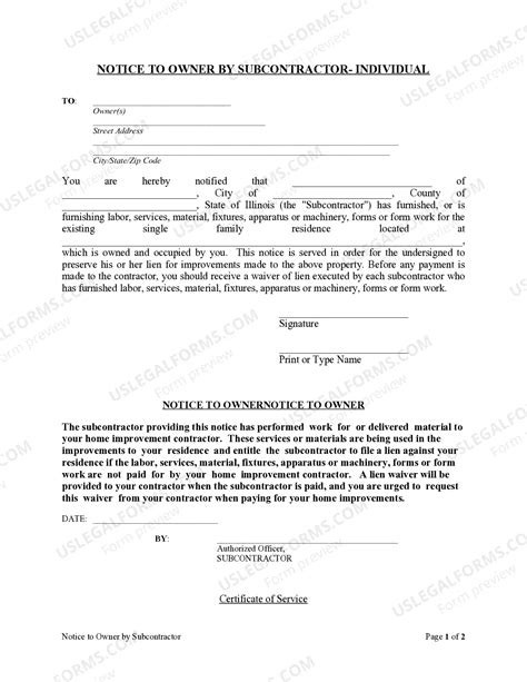 Illinois Notice to Owner by Subcontractor - Individual | US Legal Forms