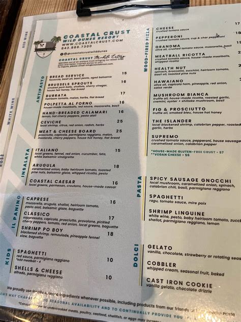 Menu at Coastal Crust at Wild Dunes pizzeria, Isle of Palms