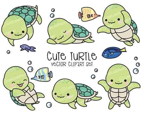 Premium Vector Clipart - Kawaii Turtle - Cute Turtle Clipart Set - Sea ...