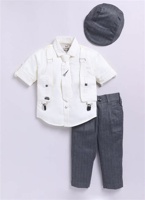 Grey Attached Suspender Striped Pants Shirt and Tie Formal Set – LITTLE ...