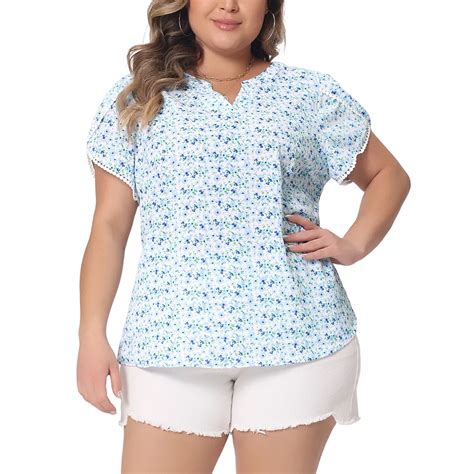 Plus Size Tops For Women Floral V Neck Tulip Sleeve T-shirt Tee Summer Tops