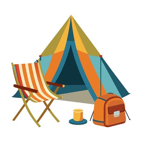 Camping tent with accessories and striped chair on white background ...