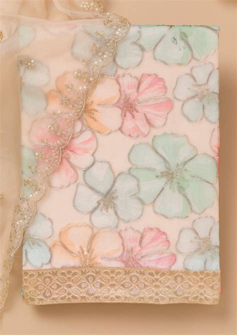 Buy Beige Printed Organza Unstitched Salwar Suit - Koskii