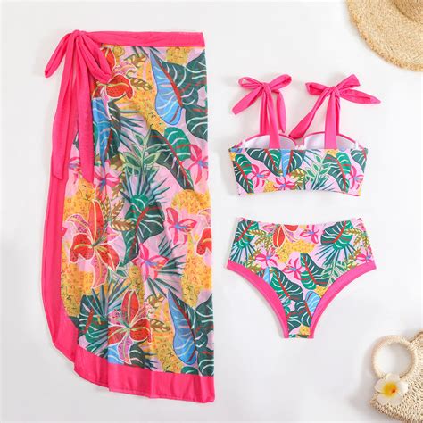 Tropical Print Three Piece Bikini Set Pink – The Curvves