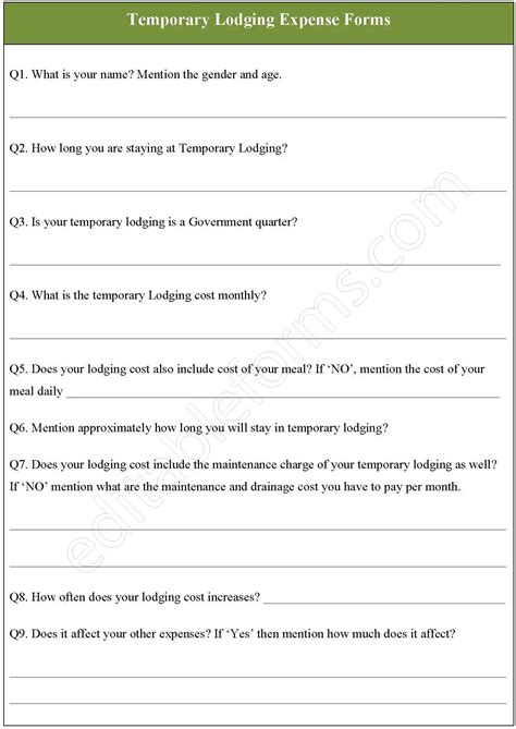 Temporary Lodging Expense Fillable PDF Form | Editable PDF Forms