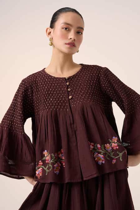 Buy Maroon Cotton Embroidery Round Neck Louie Hem Top For Women by Cord ...